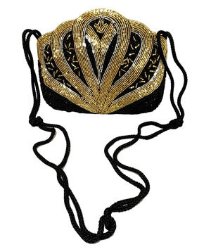 Vintage Beaded Evening Bag Shoulderbag Dressy Purse Black & Gold Retro Disco